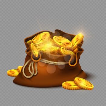 Cartoon big old bag with gold coins isolated on transparent background. Gold money earning, treasure prize. Vector illustration