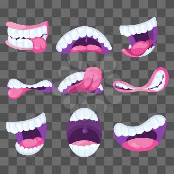 Funny vector comic mouths expressing different emotions isolated on transparent background. Vector illustration