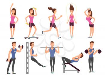 Fitness people vector cartoon characters set. Women and men athletes make exercises with sports equipment. Fitness sport exercise for body illustration