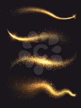 Sparkle stardust. Golden glittering magic vector waves with gold particles collection. Golden sparkle glitter, illustration of shiny stardust trail
