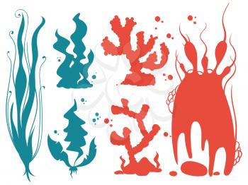 Underwater plants and corals silhouettes isolated on white background. Vector illustration