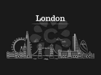 White linear London city skyline with famous buildings, tourism england landmarks on black bakground. Vector illustration