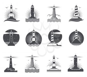 Lighthouse vector marine vintage labels. Lighthouses and ocean waves retro nautical logos set. Lighthouse and beacon building in sea illustration