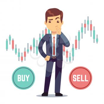 Young man trader and business candlestick chart with buy and sell buttons. Stock market and trade exchange vector concept. Illustration of business trader, finance stock market chart