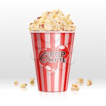 Cinema food popcorn in disposable bowl realistic vector illustration. Popcorn box, snack food in container for cinema