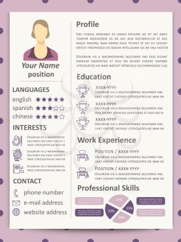 Cute elegance female resume template with infographics elements and line icons. Vector illustration