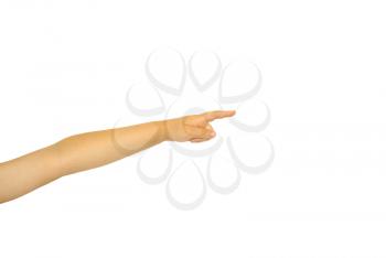 The extended childrens hand with a forefinger on a white background.