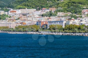 SALERNO, ITALY - September 29, 2015: Picturesque views of the marina from the sea in Salerno, Italy.