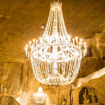 Big old chandelier in the main hall of Wieliczka Salt Mine