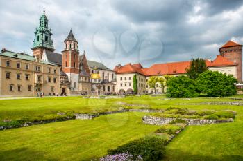 Wawel Cathedral in Krakow, Poland. Green lawn agaist the castle