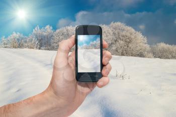 Winter mobile landscape with bright shining day