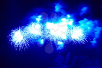 Blue colorful fireworks on the black sky background