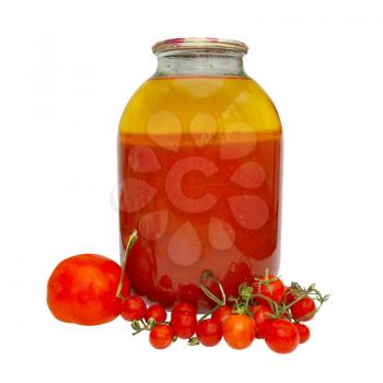 Fresh and bottled tomatoes in jar isolated on white.