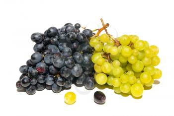 Black and green grapes isolated on white.