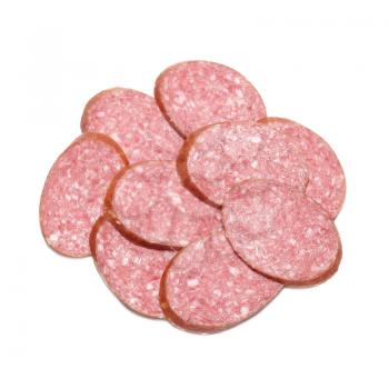Heap of sliced sausage isolated on white