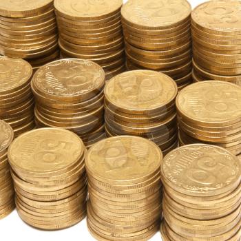 Stack of golden coins isolated on white