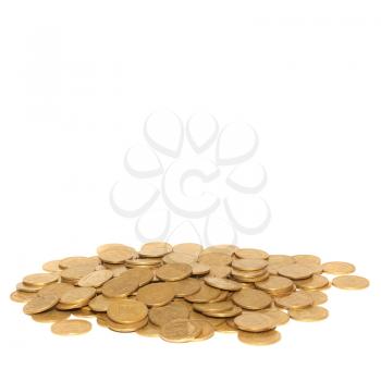 Stack of golden coins with copyspace isolated on white