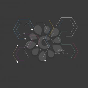 Pieces contours of hexagons on dark background. Technological drawing in minimal style.