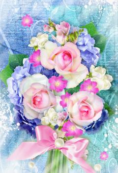 Beautiful bouquet with blooming hydrangea and rose flowers on grunge background. Can be used as greeting card, invitation card for wedding, birthday and other holiday.