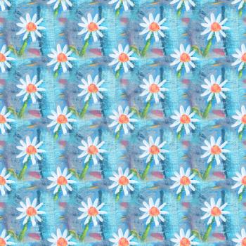 Seamless abstract floral pattern with chamomile flowers. Endless background. Fun and cute texture with cartoon chamomile.