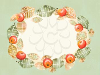 Illustration of a wreath-frame made of leaves, red ripe juicy apples. Hand drawngreeting image for your design.