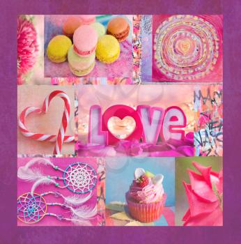 An interesting colorful collage with flowers, macaroni, muffins, heart shaped lollipops. You can use it for printing on a cover, a wrapper, napkins, plates, a tablecloth.