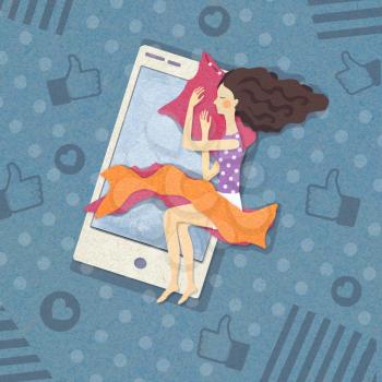 An illustration of the place of gadgets in modern society. A young woman sleeps on a smartphone. Digital generation. Internet addiction.