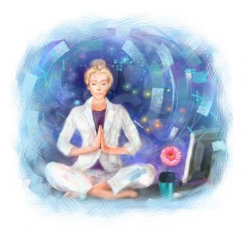Young business woman sitting on the working table in yoga position, meditating. Spiritual practice for raising the energy potential and making the right decisions in business.