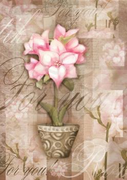 Greeting postcard flower. Beautiful astromeria flower in the pot with pattern, isolated on grunge shabby background for holiday design. Hand painting love card.