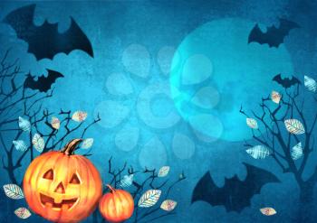 Happy Halloween design. Halloween spooky background with bats flying in the moonlight autumn trees and pumpkins. Scary Halloween background. Halloween banner party invitation card.