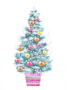 Illustration of the Christmas tree in a flowerpot isolated on white background. Merry Christmas celebration concept with X-mas ball decorated fir plant.