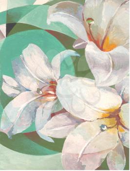 Pretty white lily flower on green background. Hand painting illustration. Interior decor.