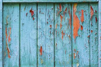 Vintage wooden background with faded turquoise peeling paint. Old wooden painted texture surface. Shabby Planks with cracked color paint.