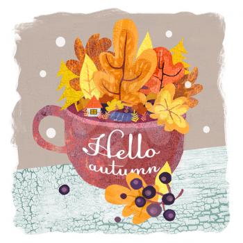 Hello Autumn. Hand drawn autumn landscape in mug. Autumn illustration. Cup with different colorful leaves.