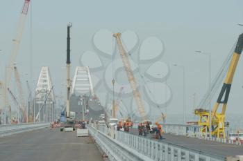 Taman, Russia - April 4, 2018: Construction of the Crimean bridge. Landscape construction.