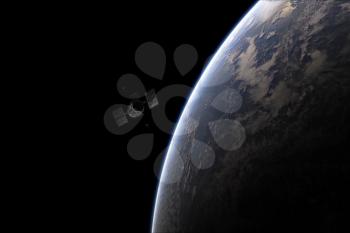 The satellite which is flying by over the planet the earth. Space in representation of the artist.