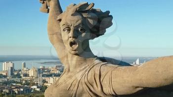 Volgograd, Russia - May 14, 2018: Statue of Motherland in Volgograd. View from the drones close. Victory Monument.