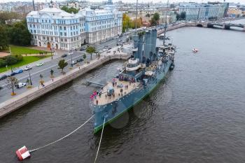 Pererburg, Russia - May 29, 2018: Cruiser Aurora in the River Neu, the city of St.Petersburg. Open to tourists. The symbol of the revolution of 1917.