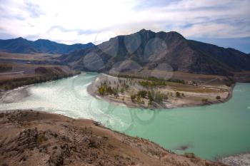 View of the confluence of the Chuya and Katun rivers, Katun valley, Altai Mountains, Russia