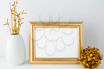 Gold frame mockup with golden decor. Landscape white frame mockup. Empty white frame mockup for presentation artwork.