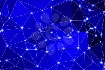 Dark blue abstract low poly geometric background with white triangle mesh and defocused lights.