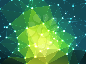 Bright yellow green abstract low poly geometric background with white triangle mesh and defocused lights.