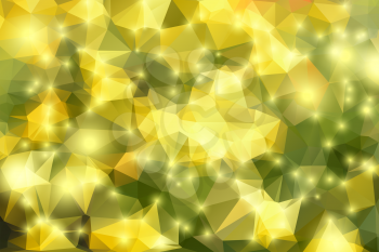 Green yellow abstract low poly geometric background with defocused golden lights
