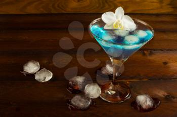 Blue cocktail served with orchid. Blue cocktail. Blue Martini. Blue Hawaiian cocktail. Blue curacao liqueur. Blue margarita