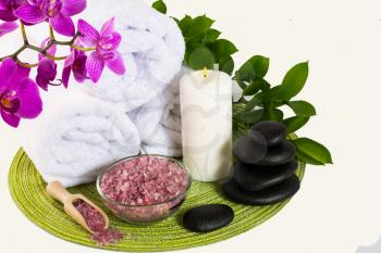 Spa product concept with pink sea salt. Spa. Spa treatment. Spa concept. Spa massage
