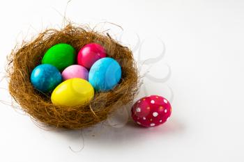 Multicolored Easter eggs in a nest and pink Easter egg with abstract design on white background. Easter background. Easter symbol. Top view with copy space