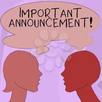 Text sign showing Important Announcement. Business photo showcasing spoken statement that tells showing about something Silhouette Sideview Profile Image of Man and Woman with Shared Thought Bubble