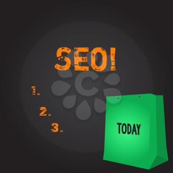 Conceptual hand writing showing Seo. Concept meaning Search engine optimization increase in online marketing channel Color Gift Bag with Punched Hole on Two toned Blank Space