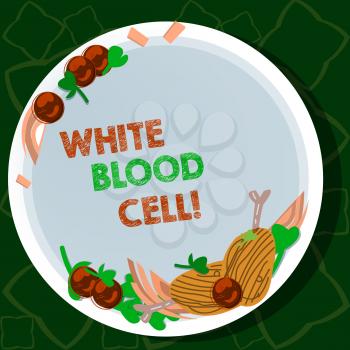 Handwriting text writing White Blood Cell. Conceptual photo Leucocytes in charge of protect body from infections Hand Drawn Lamb Chops Herb Spice Cherry Tomatoes on Blank Color Plate