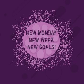 Conceptual hand writing showing New Monday New Week New Goals. Concept meaning goodbye weekend starting fresh goals targets Disarrayed Jumbled Musical Notes Icon with Colorful Circle